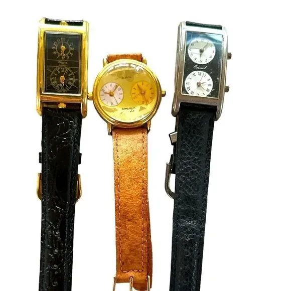 Lot of 3 Duel Time Quartz watch stainless steel back Japan- leather bands - Picture 1 of 8